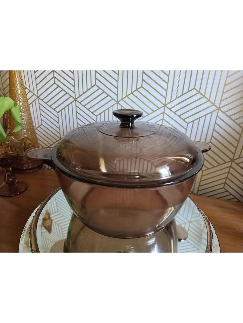 Vintage Vision Ware Brown/Amber Glass Dutch Oven 4.5L Stockpot W/ Lid